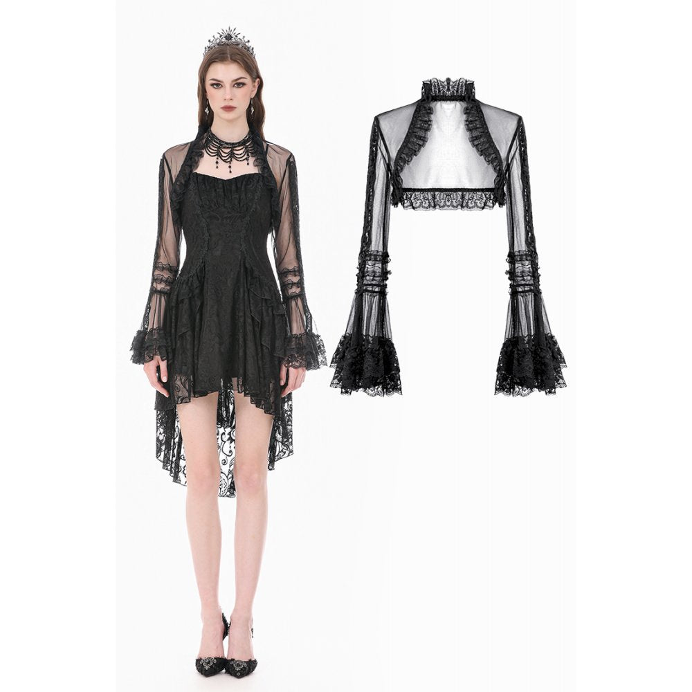Gothic Romantic Mesh Bolero with Ruffled High Neck and Bell Sleeves