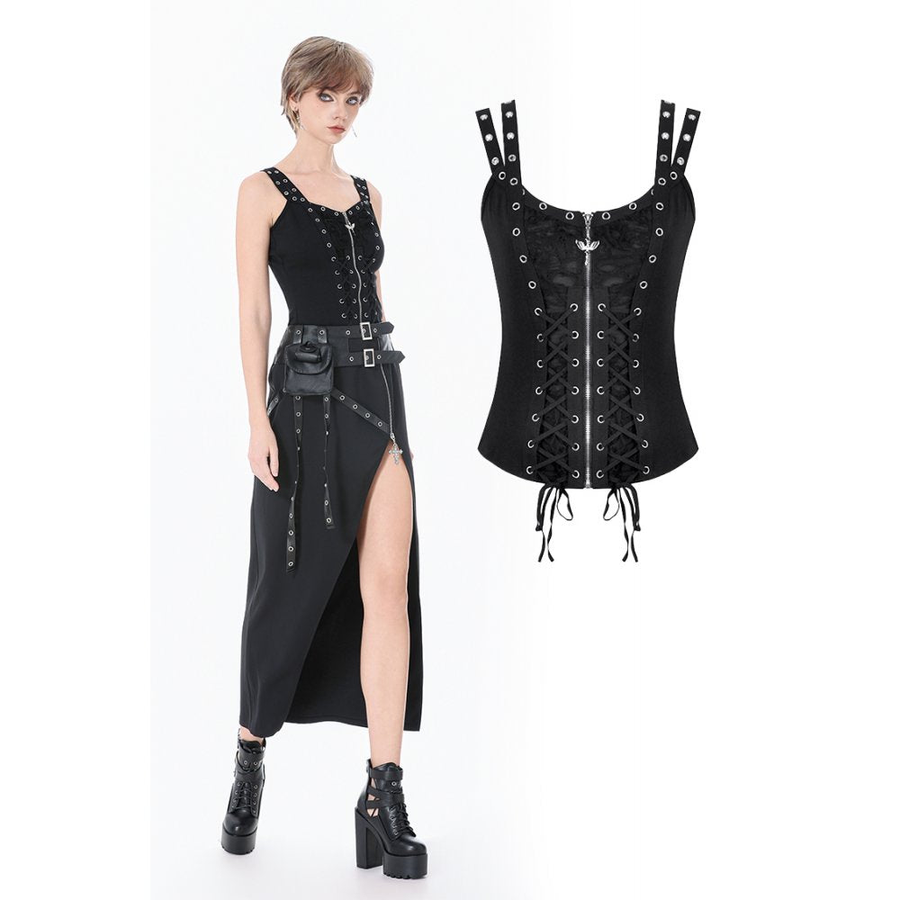 Punk Metal Distressed Knit Lace-Up Vest