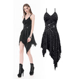 Post-Apocalyptic Black Dress with Shredded Texture and Metallic Buckle Harness