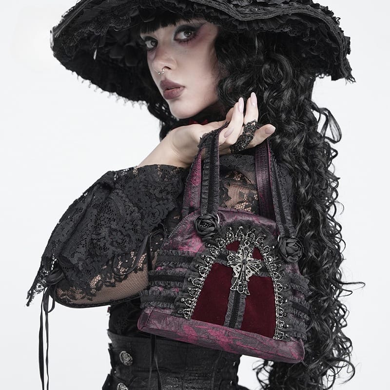 Women's Gothic Lace-Trimmed Rose Cross Bag Black-Red
