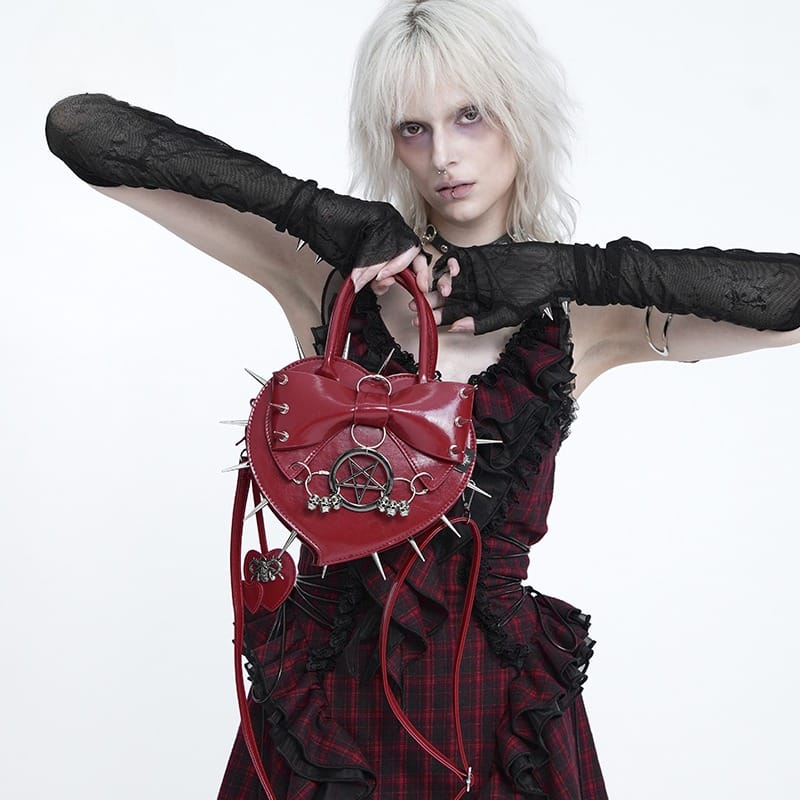 Women's Gothic Pentacle Spiked Heart-Shaped Handbag Red