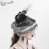 Grey and White Half-rimmed feather flower headband straw hat