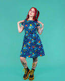 Dogs in Space Stretch Belted Tea Dress with Pockets