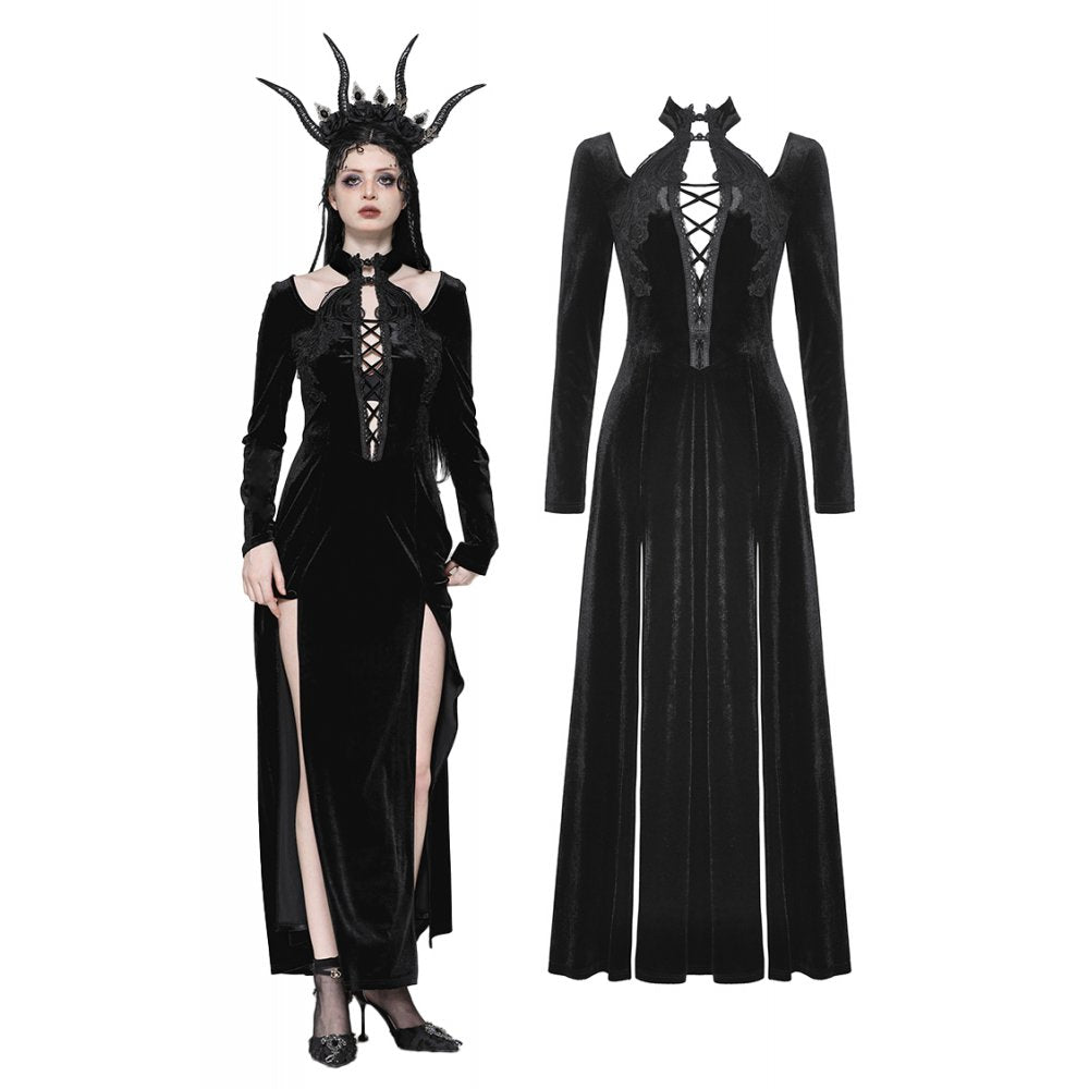 Gothic Slim-Fit Velvet Hollow Neckline Embroidered Button High Slit Maxi Dress