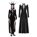 Gothic Slim-Fit Velvet Hollow Neckline Embroidered Button High Slit Maxi Dress