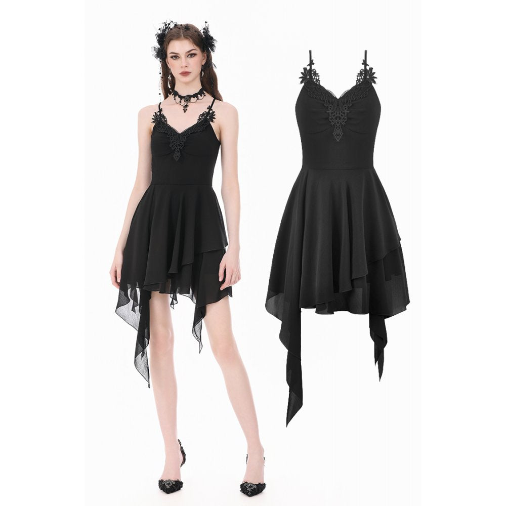 Goth V-Neck Lace Embroidery Asymmetric Flowy Chiffon Dress