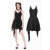 Goth V-Neck Lace Embroidery Asymmetric Flowy Chiffon Dress
