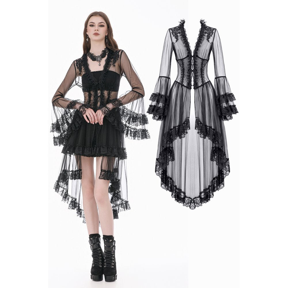 Gothic Retro Sheer Lace Patchwork Deep-V Flare Sleeve Duster