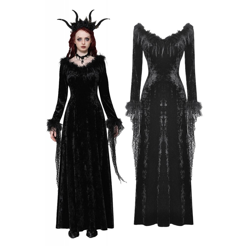 Gothic dark velvet V-neck long slim dress