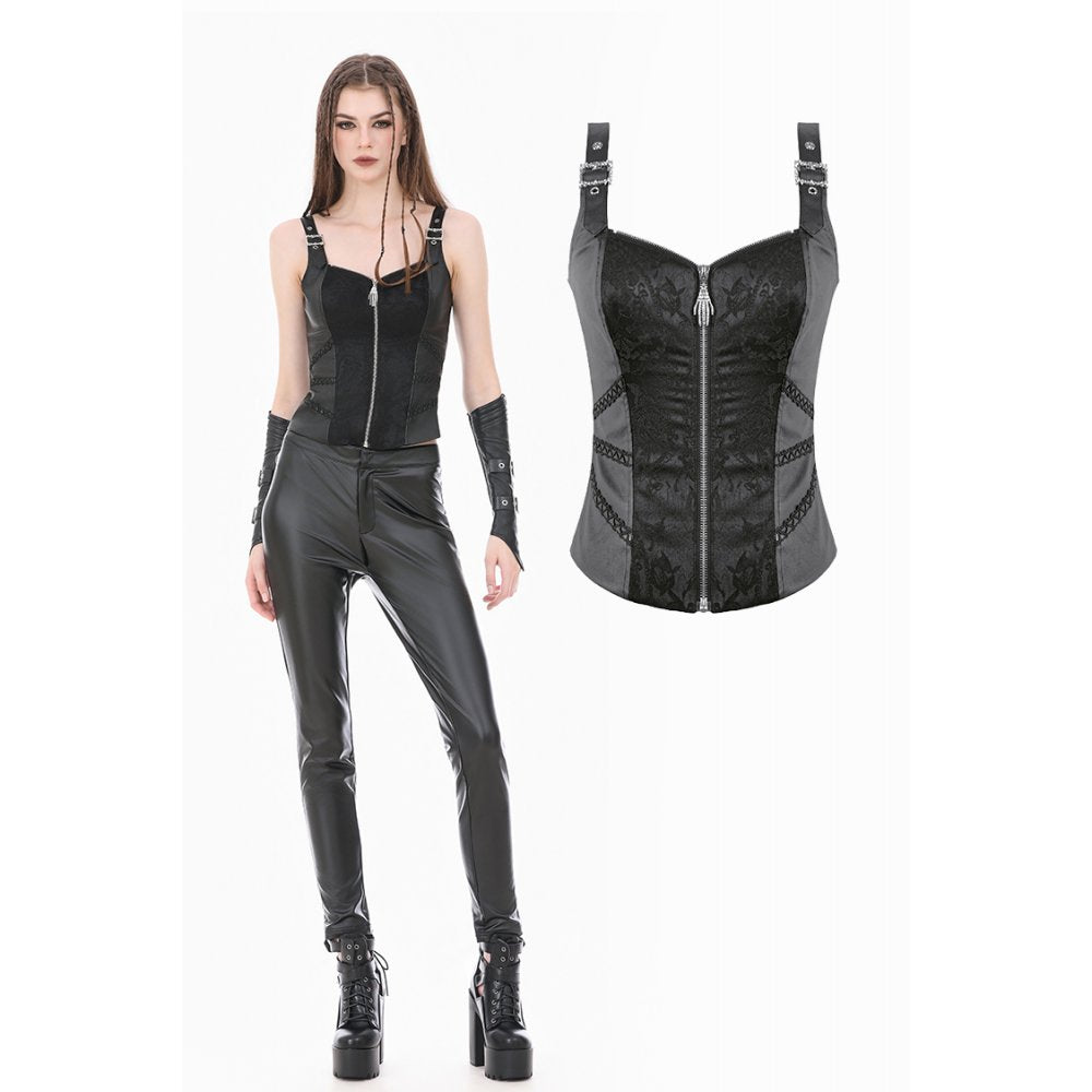 Gothic Punk Leather Patchwork Corset with Bone Zipper and Studded Buckle Straps