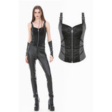 Gothic Punk Leather Patchwork Corset with Bone Zipper and Studded Buckle Straps