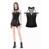 Dark Techwear Mesh Cut-out Cold-Shoulder Chain Cross Halter Top