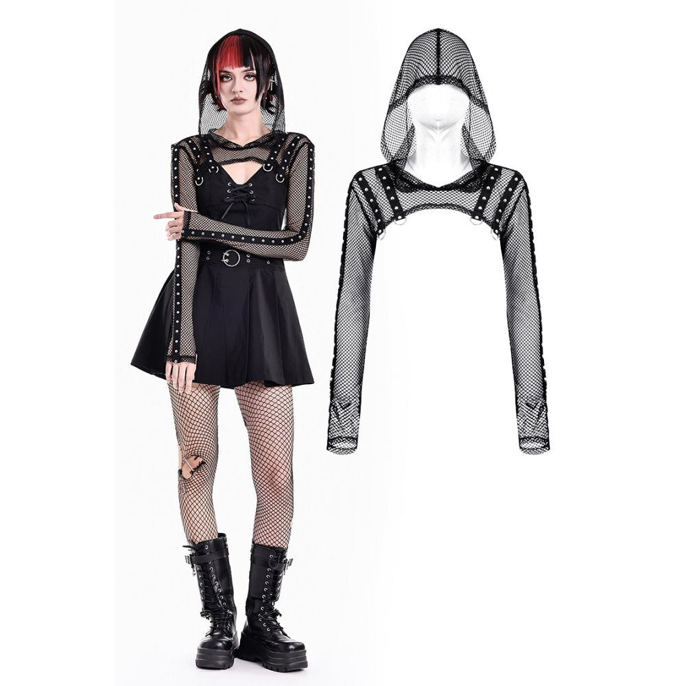 Cyber Punk Fishnet Hooded Shrug with Studded Straps, D-Rings, and Thumbholes"