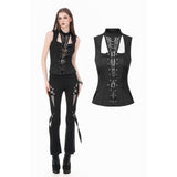 Iron Covenant - Punk Dark-Wear Vest with Metallic Ring, Double Eyelet Lace-up