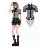 IW149 Goth Academy Style Striped Bat Collar Spiderweb Swish Tail Blouse