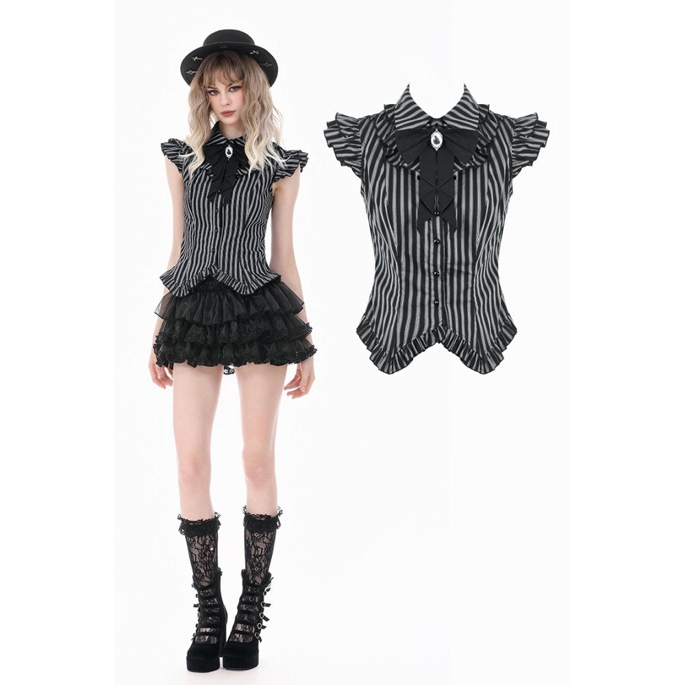Gothic Striped blouse with Crow Emblem, Ruffled Wing Sleeves and Victorian Swallowtail Hem"