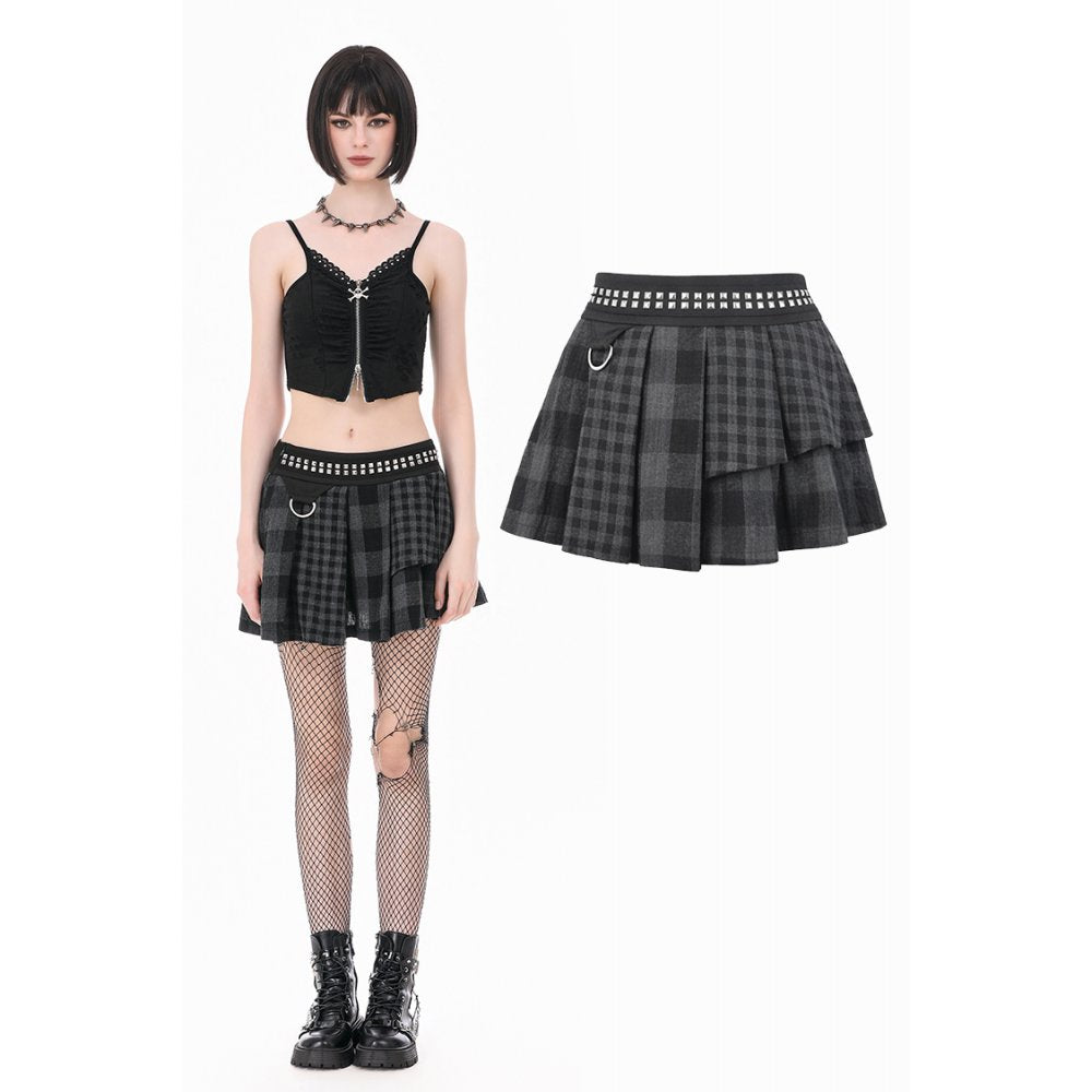 Plaid Rebellion - Dark Punk Asymmetric Tiered Pleated Patchwork Studded Skirt