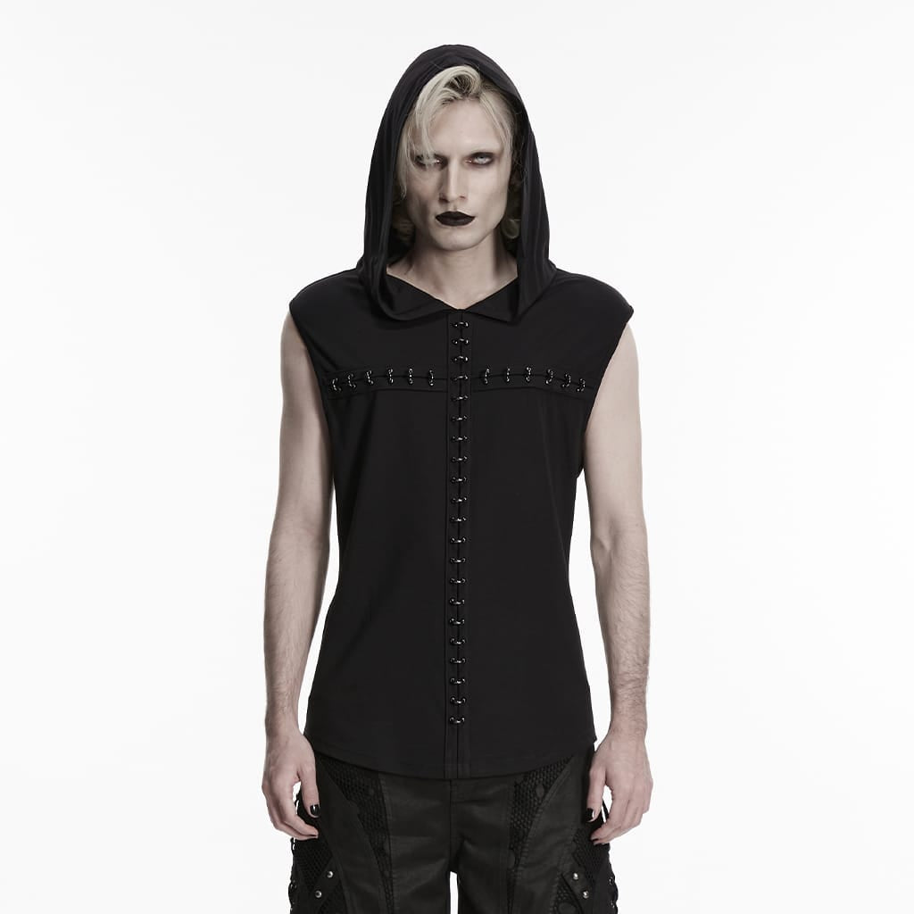 Men's Gothic D-rings Cross Hooded Tank Top