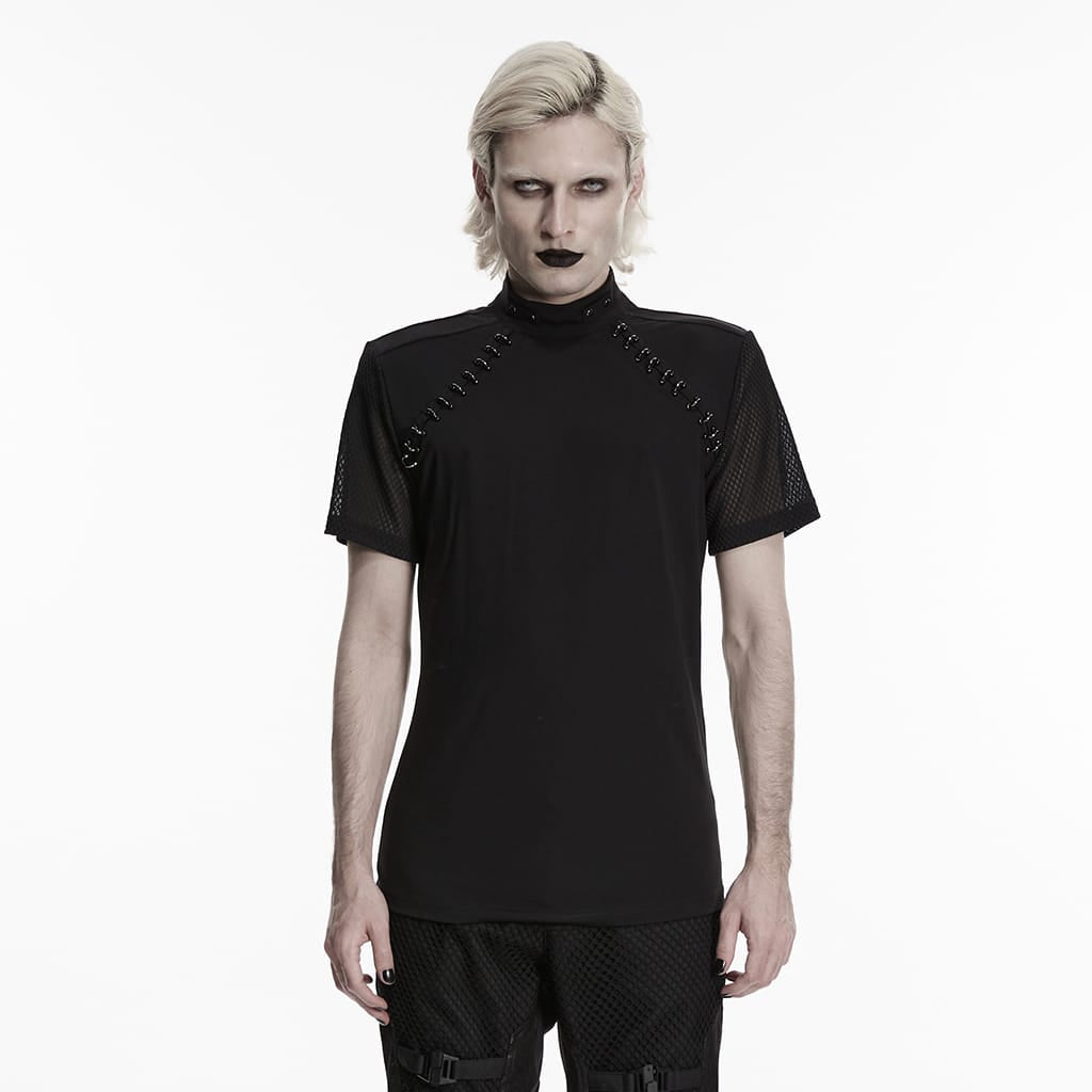 Men's Punk D-rings Mesh Splice Short Sleeved Top