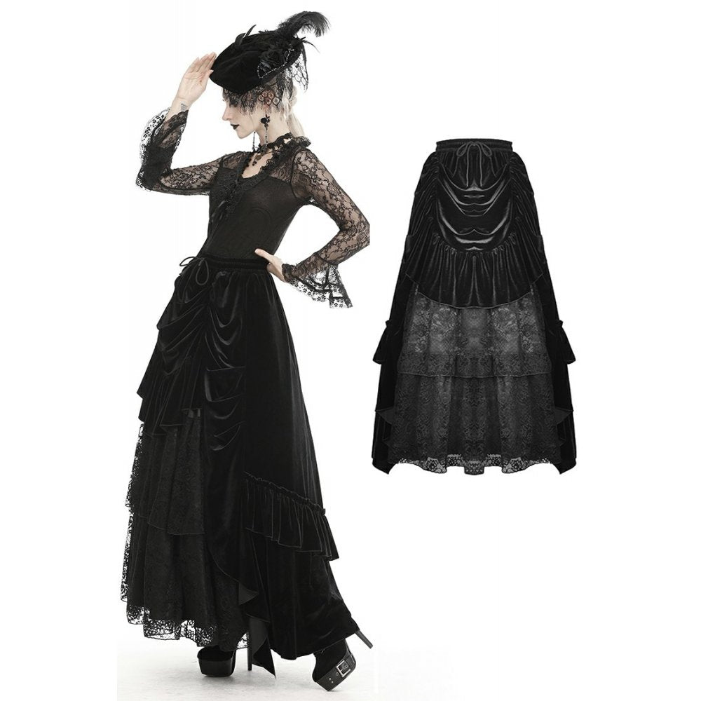 Gothic queen ruffle long velvet skirt