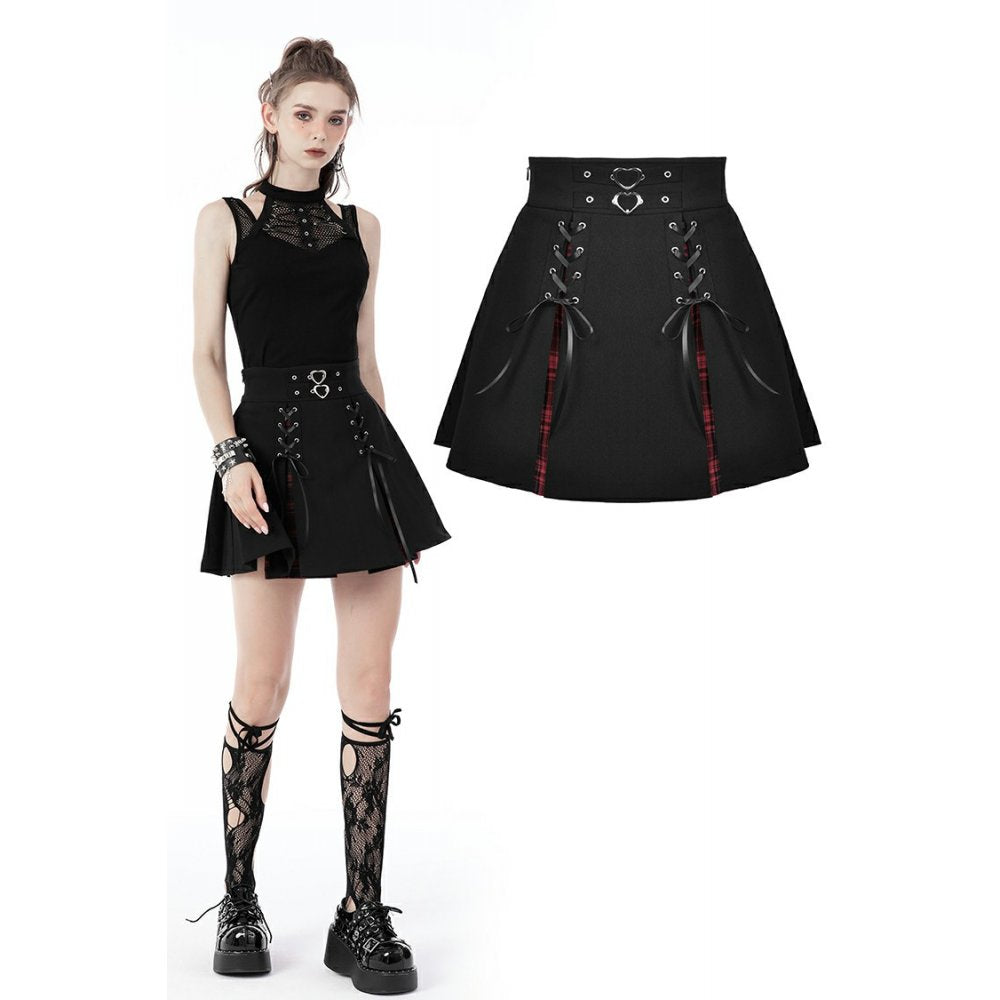 Punk rock high waist pleated hiding red plaid mini skirt