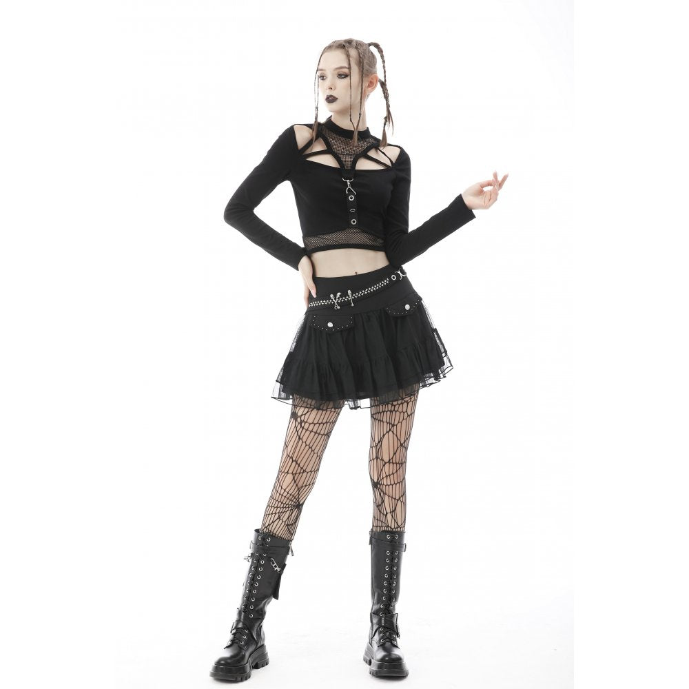 Punk mesh studded flap mini skirt