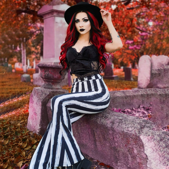 DISTRESSED BLACK AND WHITE STRIPED FLARE PANT HELLZ BELLZ